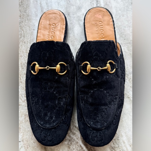 GUCCI GG LOGO LOAFERS BLACK VELVET PRINCETOWN MULE SLIDE 8 /8.5 SLIPPERS JORDAAN - Picture 1 of 8
